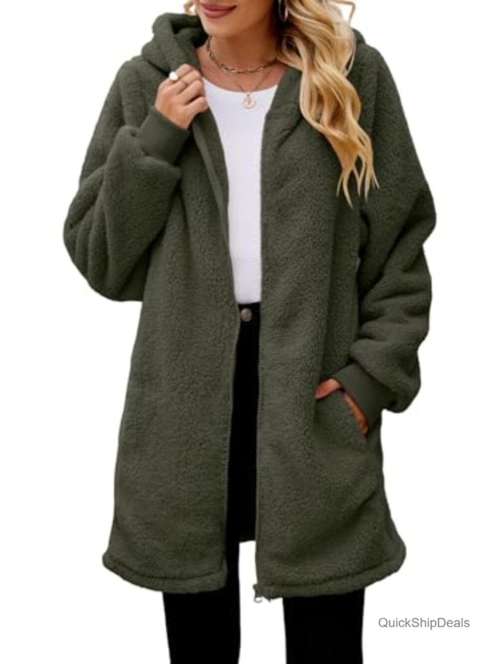 Oversized Sherpa Fleece Zip Up Jacket Hooded Loose Fit Winter Coat